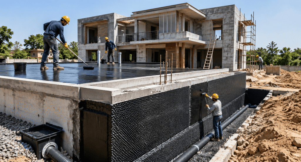 Waterproofing solutions applied during home construction for long-lasting protection.